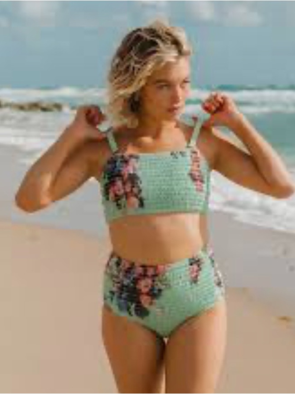 Albion Aqua Gingham Floral Smocked Bikini Top | Removable Straps